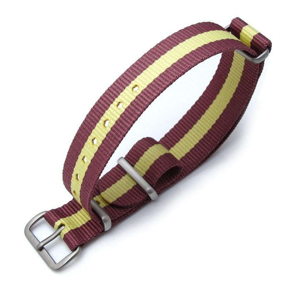 Strapcode N.A.T.O Watch Strap MiLTAT 18mm G10 military watch strap ballistic nylon armband, Brushed - Burgundy Red & Yellow Stripes