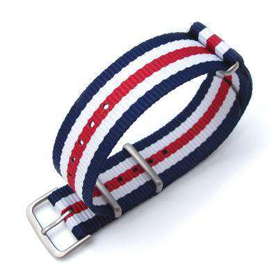 Strapcode N.A.T.O Watch Strap MiLTAT 18mm or 22mm G10 military watch strap ballistic nylon armband, Sandblasted - Navy, White & Red