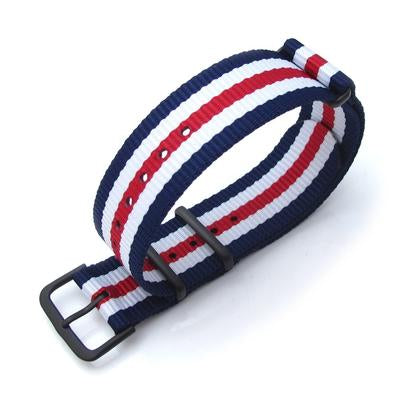 MiLTAT 18mm, 20mm or 22mm G10 military watch strap ballistic nylon armband, PVD Black - Navy, White & Red