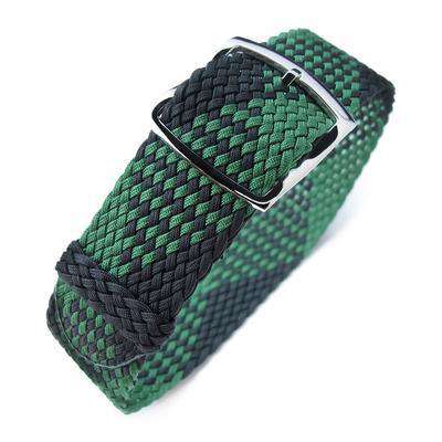 Strapcode Fabric Watch Strap 20mm MiLTAT Perlon Watch Strap, Black & Green, Polished Ladder Lock Slider Buckle