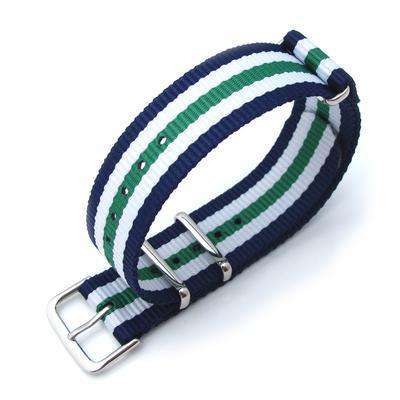 Strapcode N.A.T.O Watch Strap MiLTAT 20mm G10 military watch strap ballistic nylon armband, Polished - Blue, White & Green