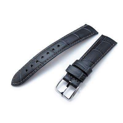 20 or 22 mm CrocoCalf (Croco Grain) Dark Grey Semi-Curved Watch strap, Grey Stitching, P