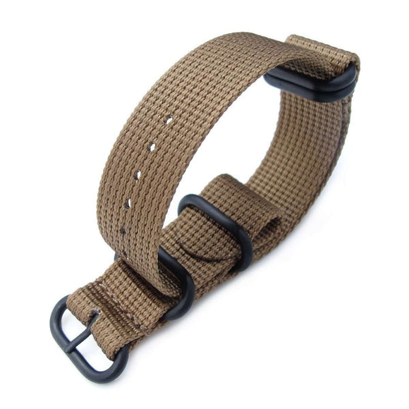 Strapcode N.A.T.O Watch Strap MiLTAT 20mm or 22mm 5 Rings G10 Zulu Water Repellent 3D Nylon, Tan Brown, PVD Black