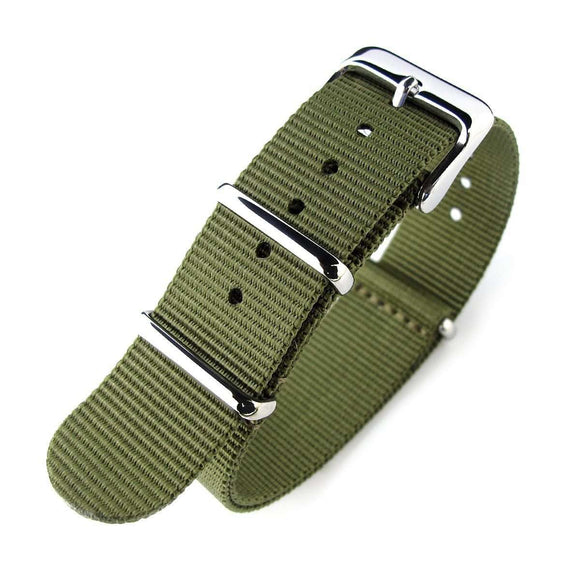 18mm or 20mm G10 Military Watch Band Nylon Strap, Military Green, Polished, 260mm
