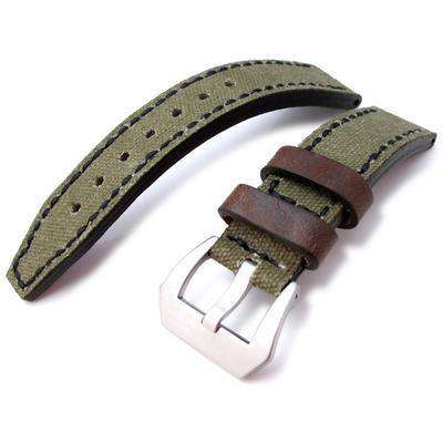 20mm, 22mm MiLTAT Military Green Leather Washed Canvas Ammo Watch Strap in Black Stitches