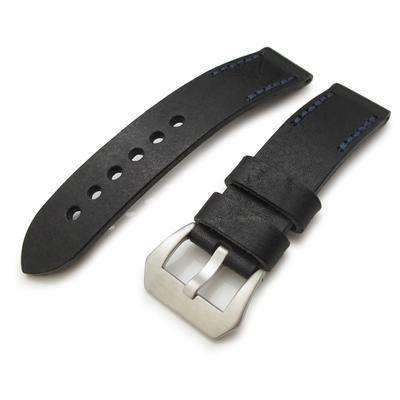 20mm, 22mm MiLTAT Pull Up Leather Black Watch Strap, Navy Hand Stitches