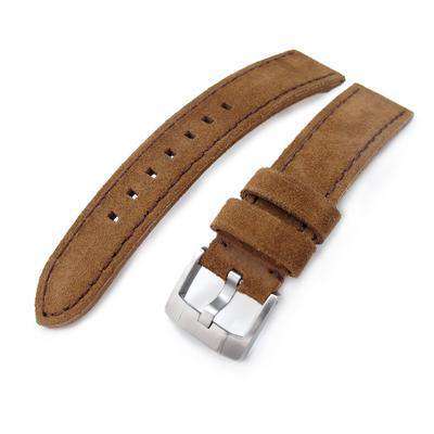 Strapcode Leather Watch Strap 20mm, 21mm MiLTAT Dark Brown Nubuck Leather Watch Band, Brown Stitching