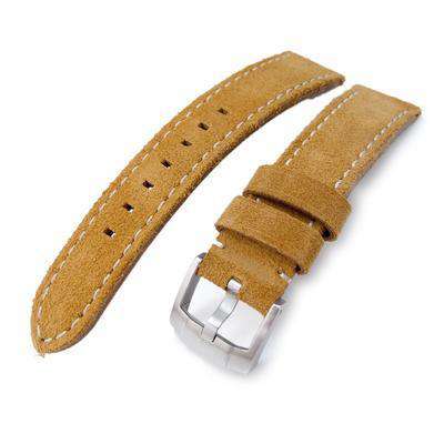 Strapcode Leather Watch Strap 20mm, 21mm MiLTAT Camel Brown Nubuck Leather Watch Band, Beige Stitching