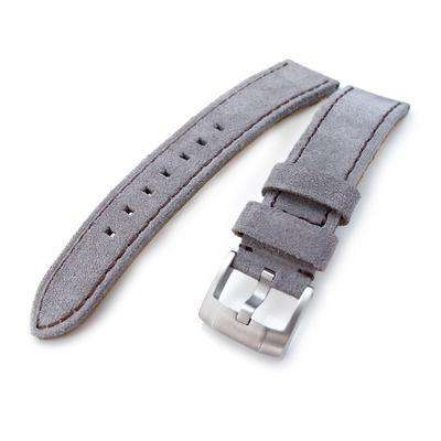 20mm, 21mm MiLTAT Light Grey Nubuck Leather Watch Band, Brown Stitching