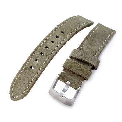 20mm, 21mm MiLTAT Military Green Nubuck Leather Watch Band, Beige Stitching