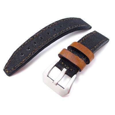Strapcode Fabric Watch Strap 20mm MiLTAT Black Leather Washed Canvas Ammo Watch Strap in Military Green Stitches
