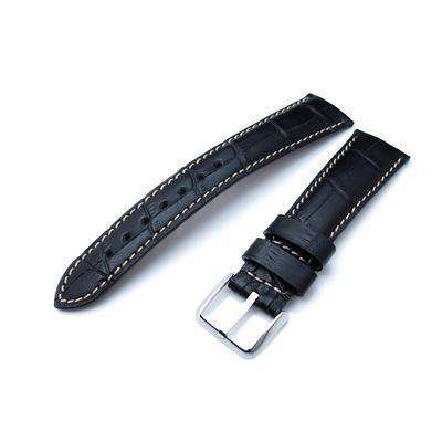 20 or 22 mm CrocoCalf (Croco Grain) Matte Black Semi-Curved Watch strap, Beige Stitching, P