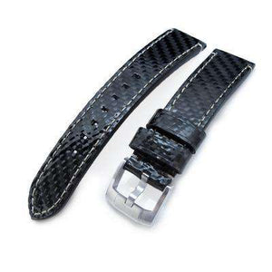Strapcode Carbon Fibre Watch Strap 20mm, 21mm MiLTAT Glossy Genuine Carbon Fiber Watch Band, Beige Stitching,
