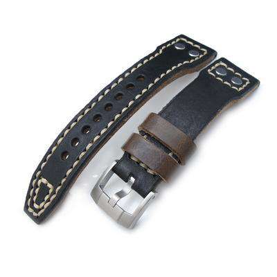 21mm, 22mm MiLTAT Black Pull Up Aniline Italian Leather Watch Strap, Rivet Military strap