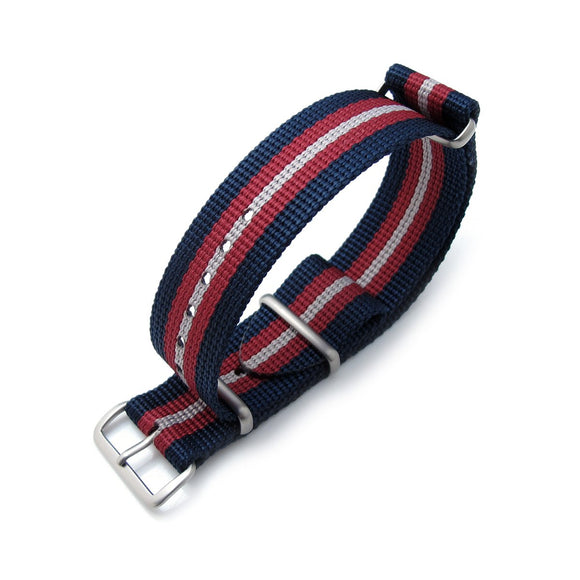 MiLTAT 20mm, 21mm or 22mm G10 NATO Bullet Tail Watch Strap, Ballistic Nylon, Brushed - Blue, Red & Grey Stripes