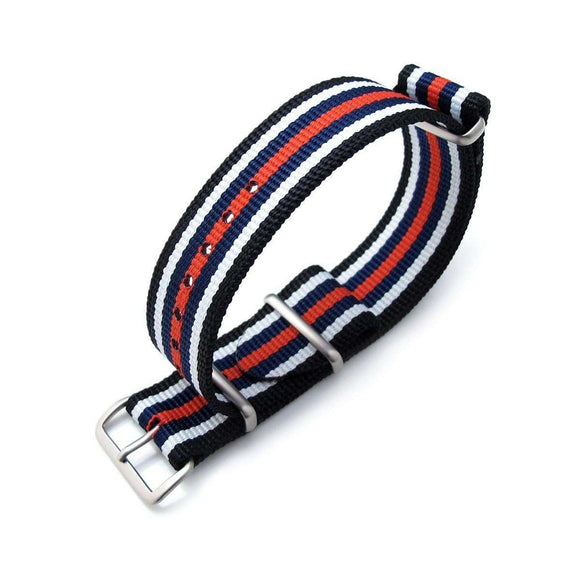 Strapcode N.A.T.O Watch Strap MiLTAT 21mm or 22mm G10 NATO Bullet Tail Watch Strap, Ballistic Nylon, Brushed - Black, White, Blue & Red Stripes