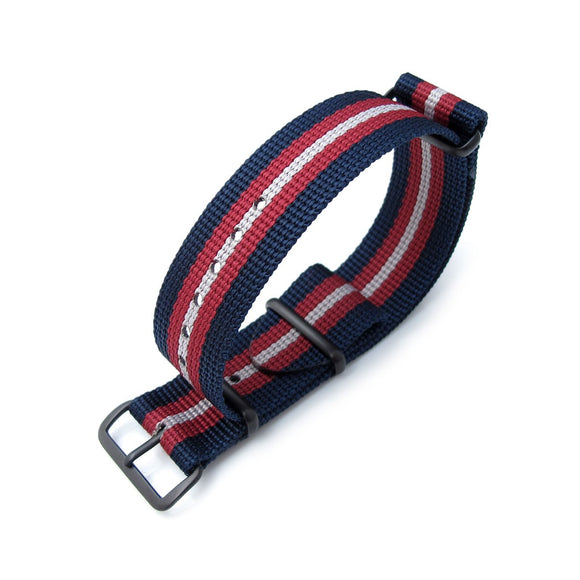 MiLTAT 20mm, 21mm or 22mm G10 NATO Bullet Tail Watch Strap, Ballistic Nylon, PVD - Blue, Red & Grey Stripes