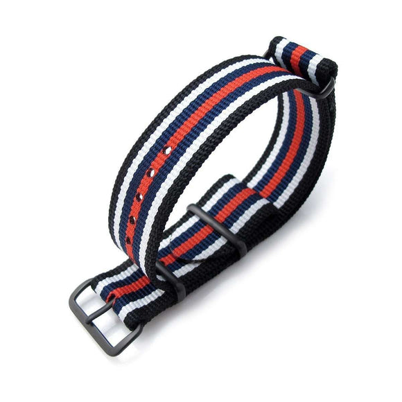 Strapcode N.A.T.O Watch Strap MiLTAT 21mm or 22mm G10 NATO Bullet Tail Watch Strap, Ballistic Nylon, PVD - Black, White, Blue & Red Stripes