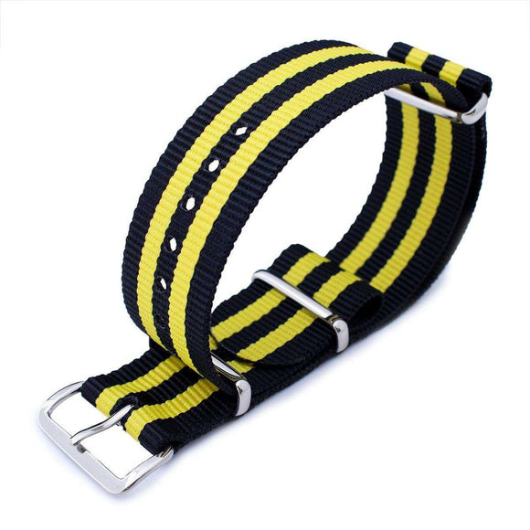 Strapcode N.A.T.O Watch Strap MiLTAT 20mm or 22mm G10 military watch strap ballistic nylon armband, Polished - Black & Yellow