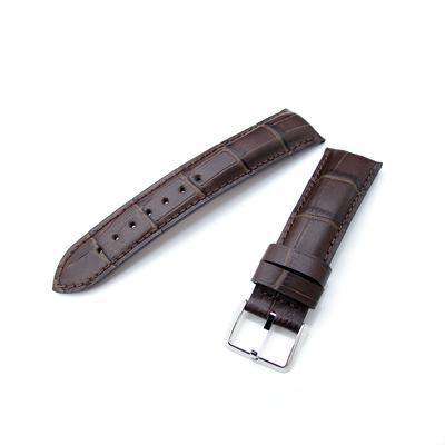 20mm, 22mm CrocoCalf (Croco Grain) Matte Brown Semi-Curved Watch strap, Brown Stitching, P