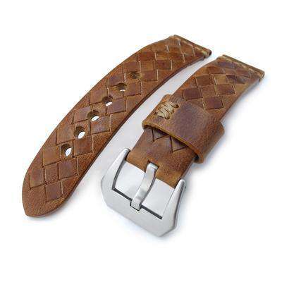 Strapcode Leather Watch Strap MiLTAT Zizz Collection 22mm Braided Calf Leather Watch Strap, Tawny Brown, Brown Stitches