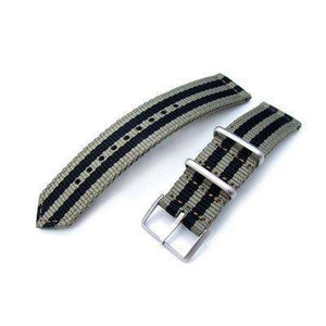 20mm, 22mm Two Piece WW2 G10 Nylon, Green & Black Stripes, Brushed Buckle