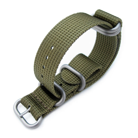 MiLTAT 20mm, 22mm or 24mm 5 Rings G10 Zulu Water Repellent 3D Nylon, Military Green, Brushed