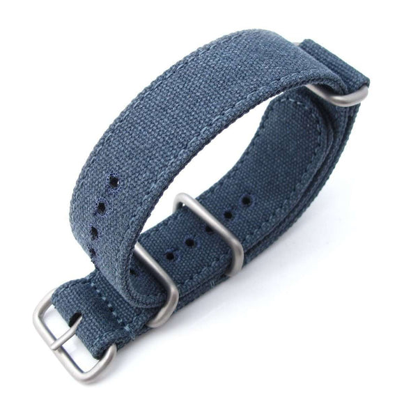 Strapcode N.A.T.O Watch Strap MiLTAT 20mm Washed Canvas Zulu Navy Blue Double Thickness Watch Strap, Lockstitch Round Hole