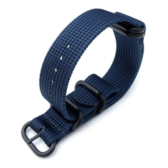 Strapcode N.A.T.O Watch Strap MiLTAT 20mm or 22mm 5 Rings G10 Zulu Water Repellent 3D Nylon, Navy Blue, PVD Black