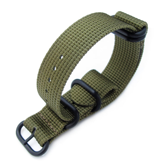 MiLTAT 20mm, 22mm or 24mm 5 Rings G10 Zulu Water Repellent 3D Nylon, Military Green, PVD Black