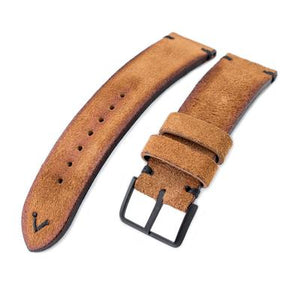 20mm, 21mm, 22mm MiLTAT Saddle Brown Genuine Nubuck Leather Watch Strap, Black Stitching, PVD Buckle