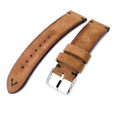 20mm, 21mm, 22mm MiLTAT Saddle Brown Genuine Nubuck Leather Watch Strap, Black Stitching, Polished Buckle
