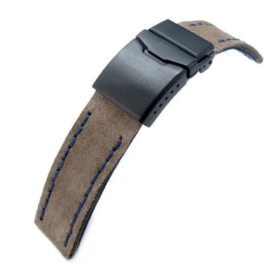 22mm MiLTAT Brown Nubuck Leather Watch Strap, Blue Wax Hand Stitch, PVD Black Button Chamfer Clasp