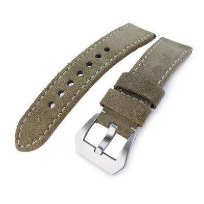 Strapcode Leather Watch Strap  22mm MiLTAT Military Green Nubuck Leather Watch Band, Beige Stitching