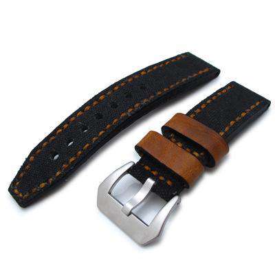 Strapcode Fabric Watch Strap 22mm MiLTAT Black Leather Washed Canvas Ammo Watch Strap in Golden Brown Stitches