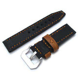 Strapcode Fabric Watch Strap 22mm MiLTAT Black Leather Washed Canvas Ammo Watch Strap in Golden Brown Stitches