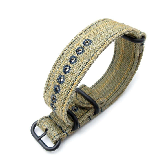 Strapcode N.A.T.O Watch Strap MiLTAT 22mm Washed Canvas Zulu Khaki Double Thickness Watch Strap, Lockstitch Hole, Blue Stitches, PVD