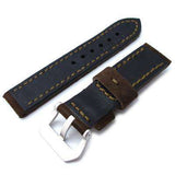 Strapcode Leather Watch Strap 22mm MiLTAT Dark Brown Nubuck Leather Watch Band, Olive Green Stitching XL