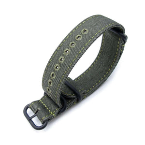 Strapcode N.A.T.O Watch Strap MiLTAT 20mm or 22mm Washed Canvas Zulu Military Green Double Thickness Watch Strap, Lockstitch Hole, Green Stitches, PVD