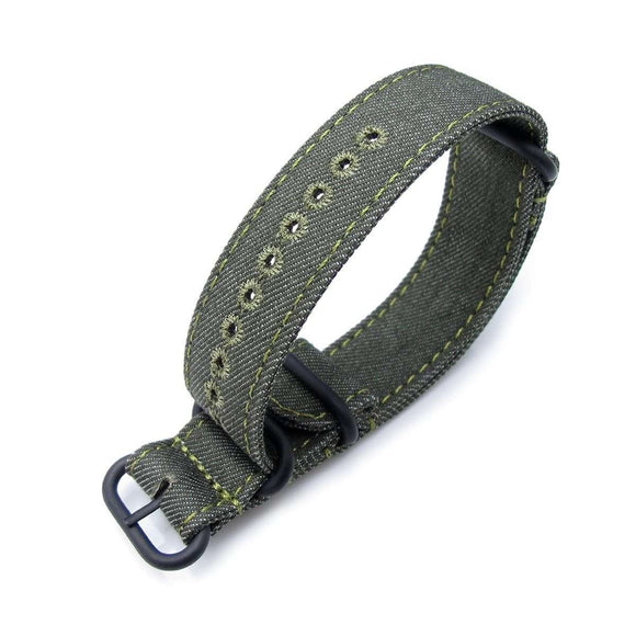 Strapcode N.A.T.O Watch Strap MiLTAT 20mm or 22mm Washed Canvas Zulu Military Green Double Thickness Watch Strap, Lockstitch Hole, Green Stitches, PVD