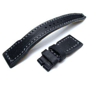 Strapcode Leather Watch Strap 22mm MiLTAT Pull Up Leather Black IWC Big Pilot replacement Strap, Grey Wax Hand Stitching