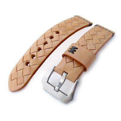 Strapcode Leather Watch Strap MiLTAT Zizz Collection 22mm Braided Calf Leather Watch Strap, LV Beige, Dark Grey Stitches