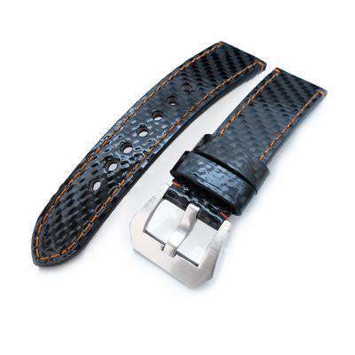 Strapcode Carbon Fibre Watch Strap 22mm MiLTAT Glossy Genuine Carbon Fiber Watch Band, Orange Stitching, XL