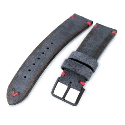 20mm, 21mm, 22mm MiLTAT Dark Grey Genuine Nubuck Leather Watch Strap, Red Stitching, PVD Buckle