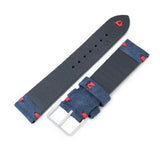 20mm, 21mm, 22mm MiLTAT Navy Blue Genuine Nubuck Leather Watch Strap, Red Stitching, Buckle