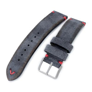 20mm, 21mm, 22mm MiLTAT Dark Grey Genuine Nubuck Leather Watch Strap, Red Stitching, Sandblasted Buckle