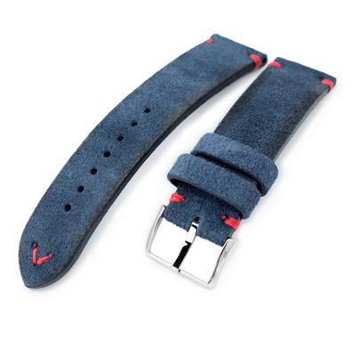 20mm, 21mm, 22mm MiLTAT Navy Blue Genuine Nubuck Leather Watch Strap, Red Stitching, Polished Buckle