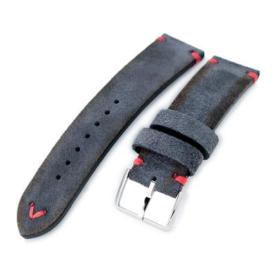 20mm, 21mm, 22mm MiLTAT Dark Grey Genuine Nubuck Leather Watch Strap, Red Stitching, Polished Buckle