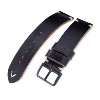 20mm, 21mm, 22mm MiLTAT Black Genuine Calf Leather Watch Strap, Beige Stitching, PVD Black Buckle