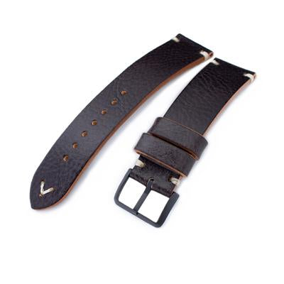 20mm, 21mm, 22mm MiLTAT Dark Brown Genuine Calf Leather Watch Strap, Beige Stitching, PVD Black Buckle
